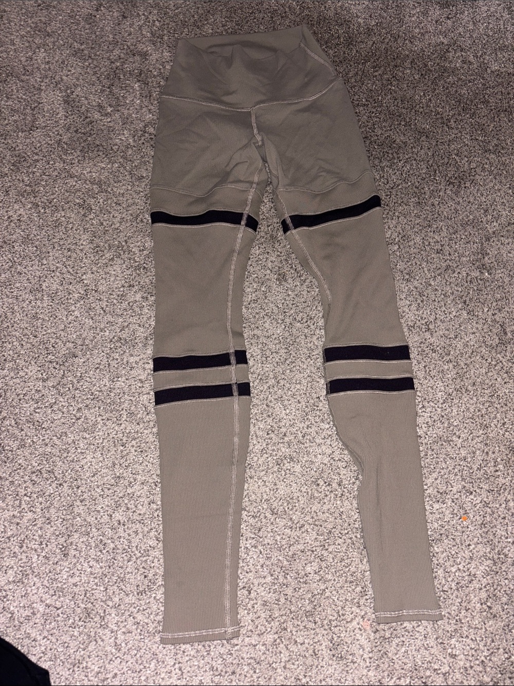 Alo Olive Green Leggings with Black Stripes